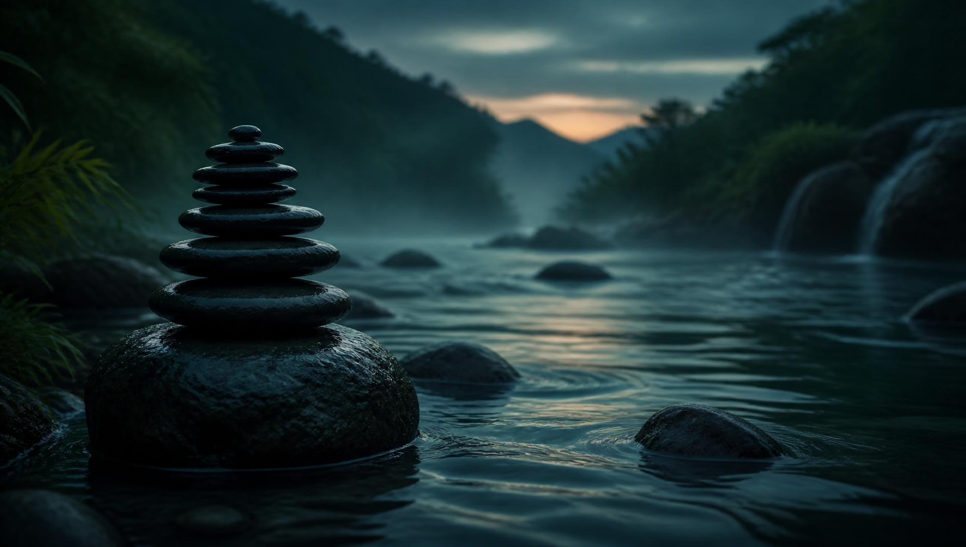 Calm water with stacked zen stones